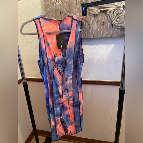 Fashion Nova Pants - Tie dye romper, pink/blue, ribbed material. NWT